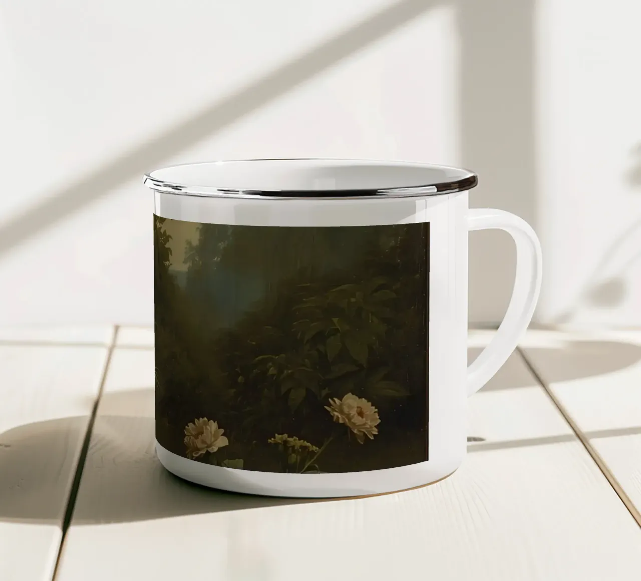 Curious cat exploring a garden while chasing butterflies enamel mug by DesignDoodle