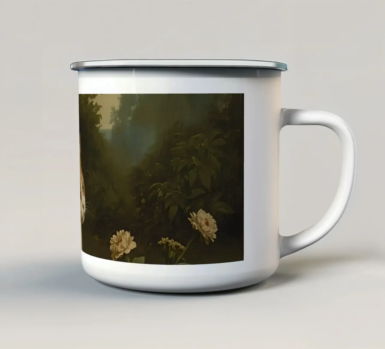 Curious cat exploring a garden while chasing butterflies enamel mug by DesignDoodle