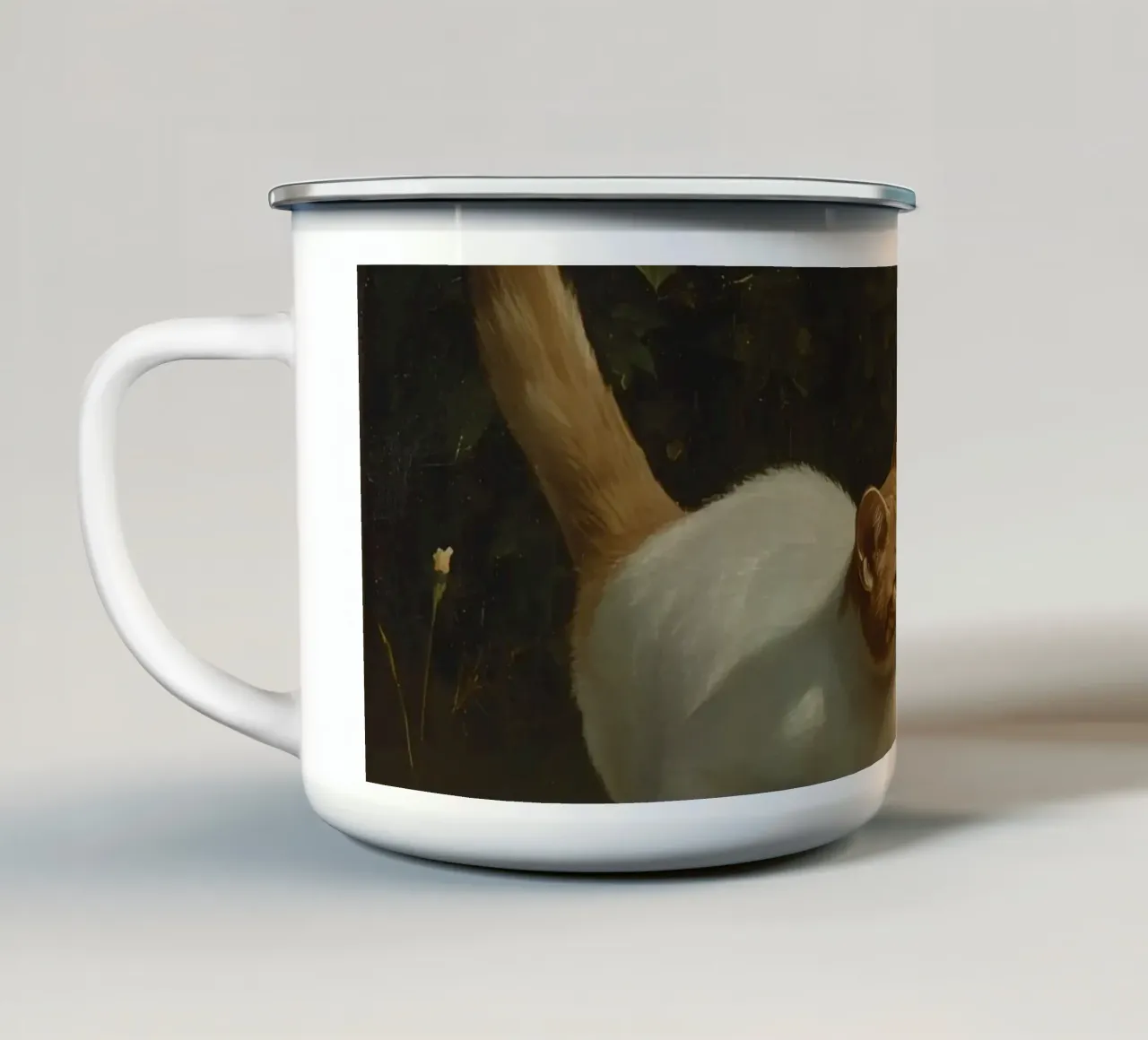 Curious cat exploring a garden while chasing butterflies enamel mug by DesignDoodle