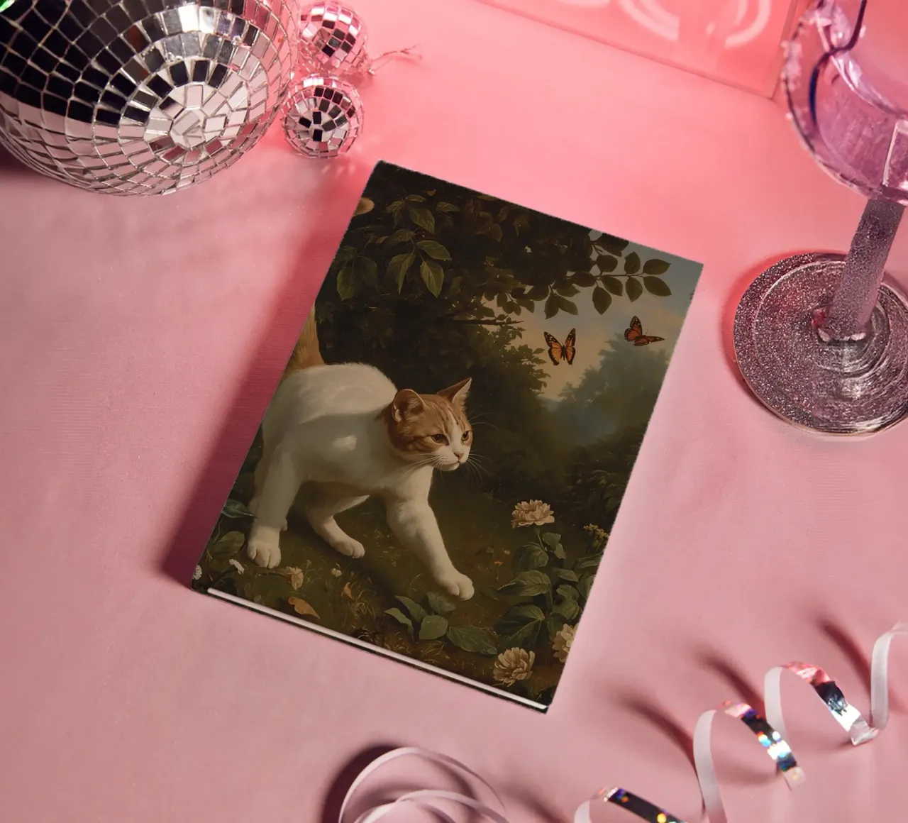 Curious cat exploring a garden while chasing butterflies notebook by DesignDoodle