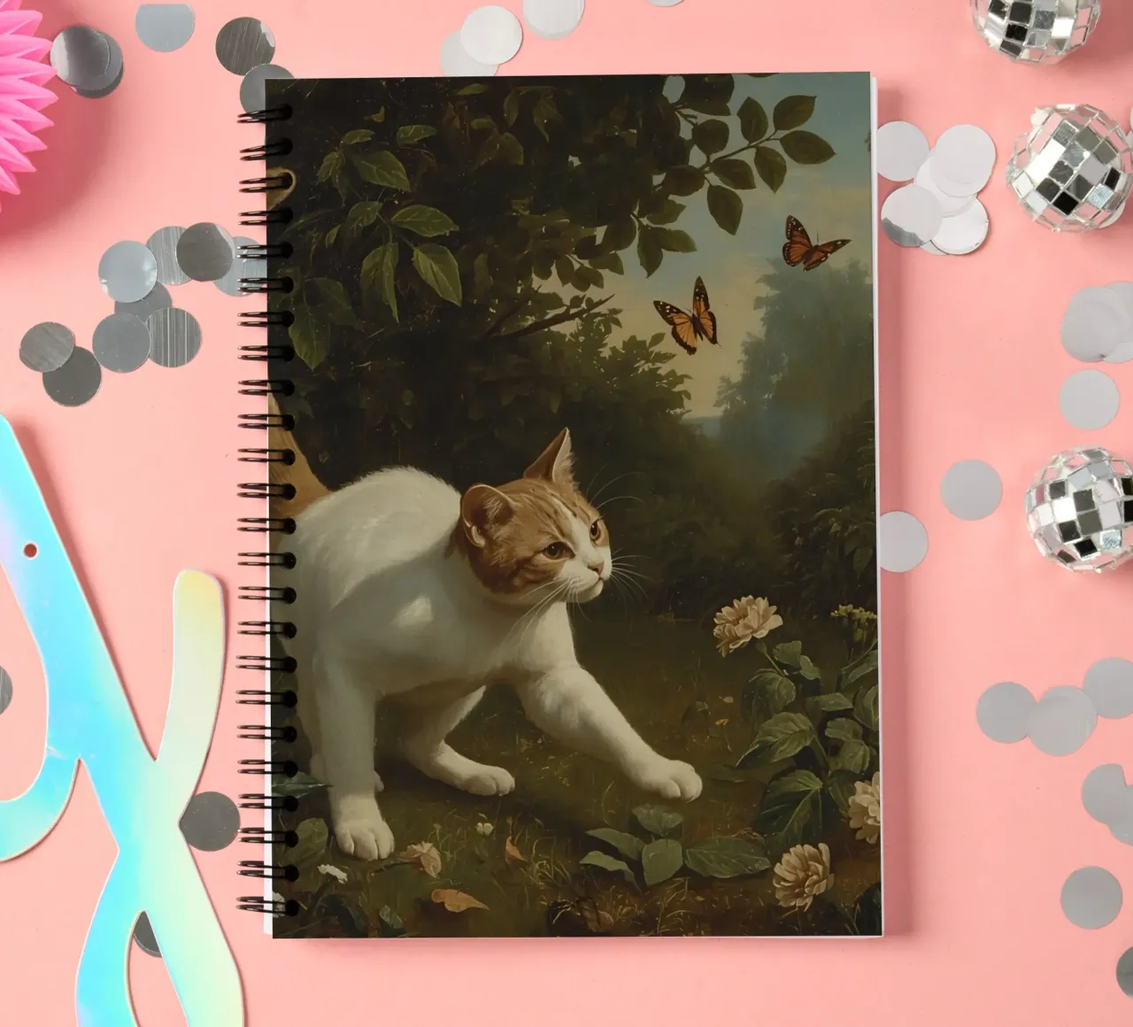 Curious cat exploring a garden while chasing butterflies spiral notebook by DesignDoodle