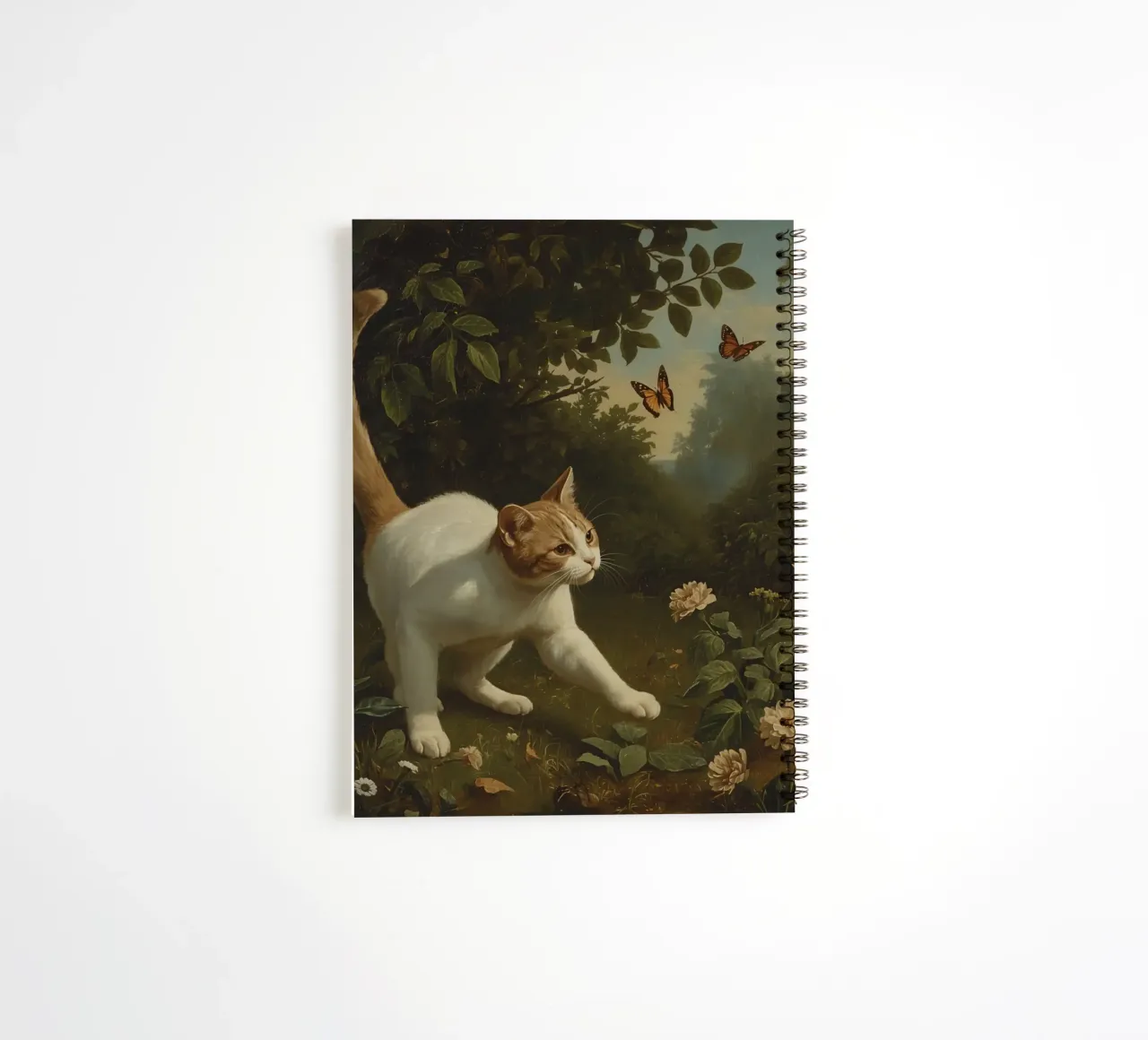 Curious cat exploring a garden while chasing butterflies spiral notebook by DesignDoodle