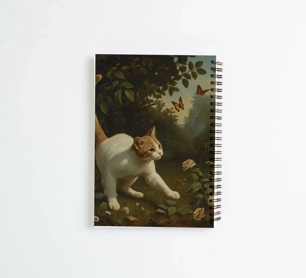 Curious cat exploring a garden while chasing butterflies spiral notebook by DesignDoodle
