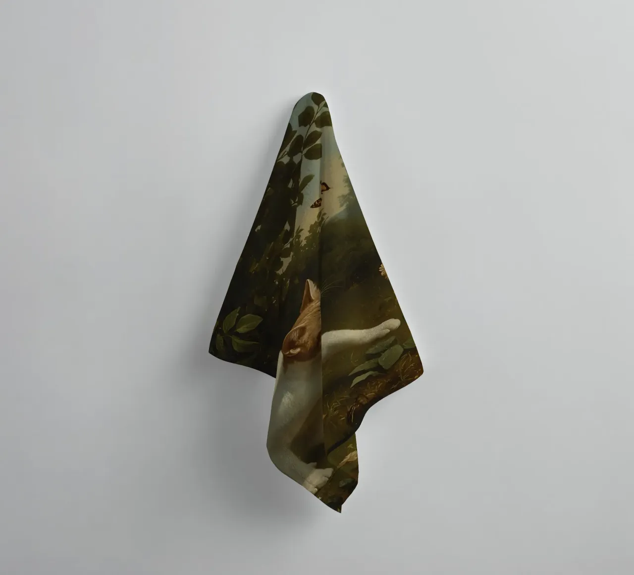 Curious cat exploring a garden while chasing butterflies towel by DesignDoodle