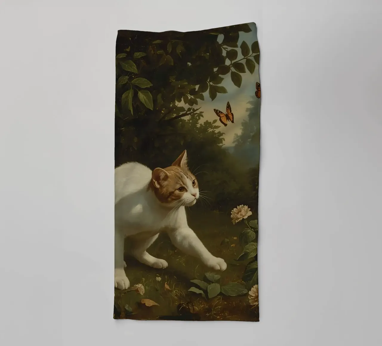 Curious cat exploring a garden while chasing butterflies towel by DesignDoodle