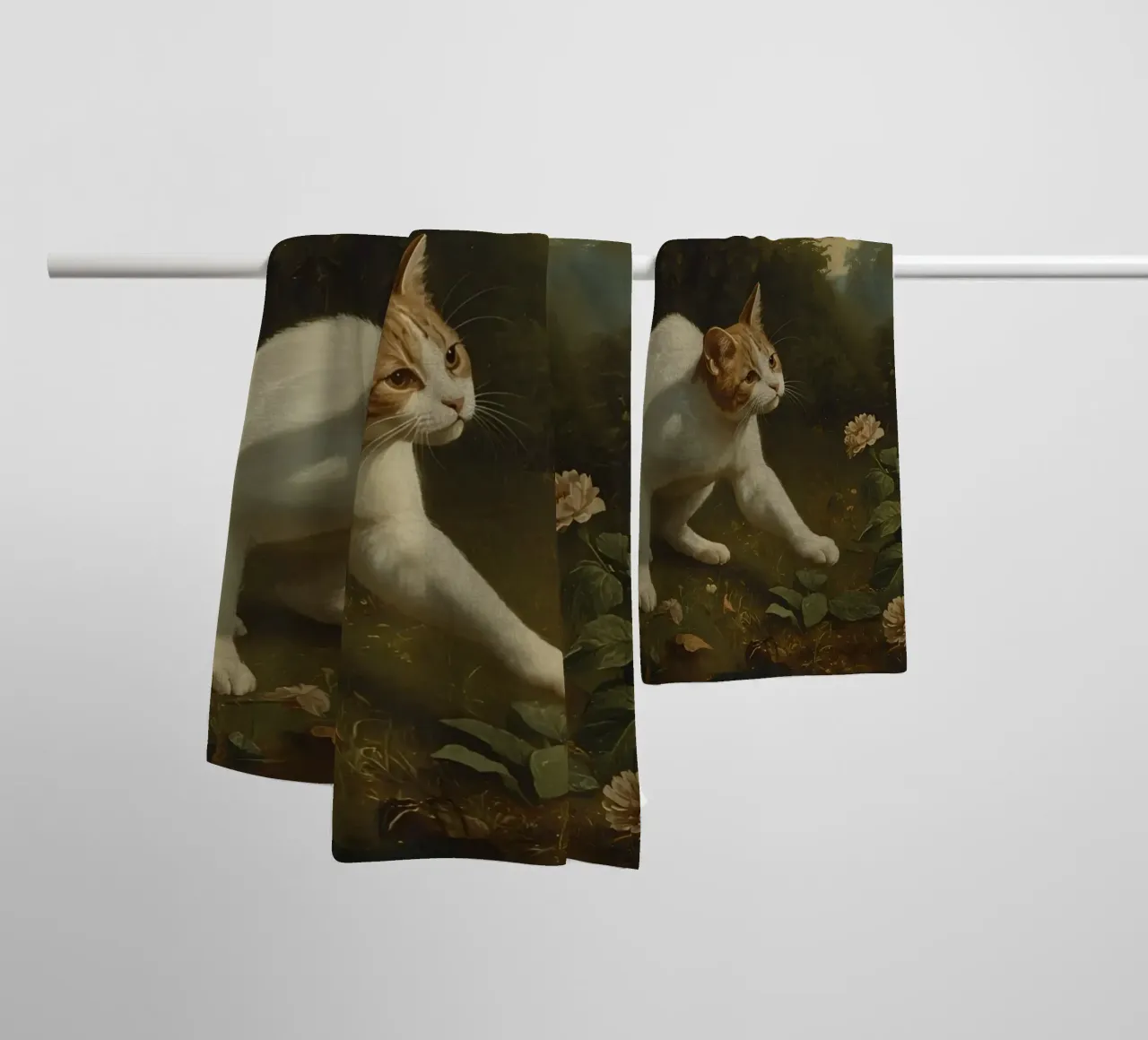 Curious cat exploring a garden while chasing butterflies towel by DesignDoodle