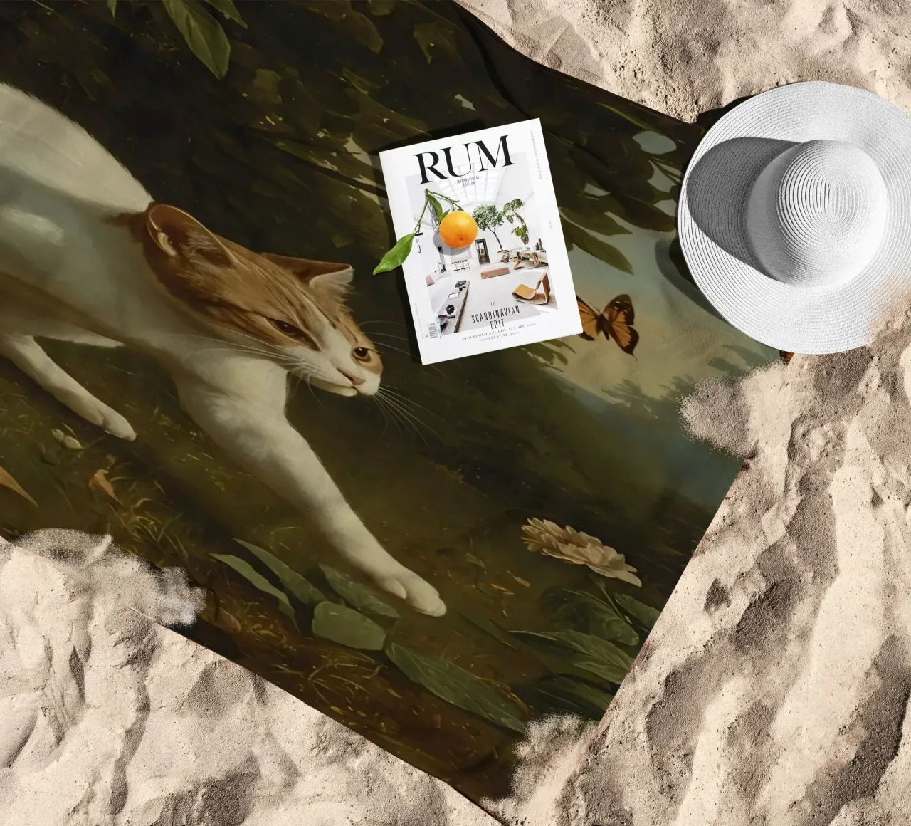 Curious cat exploring a garden while chasing butterflies beach towel by DesignDoodle