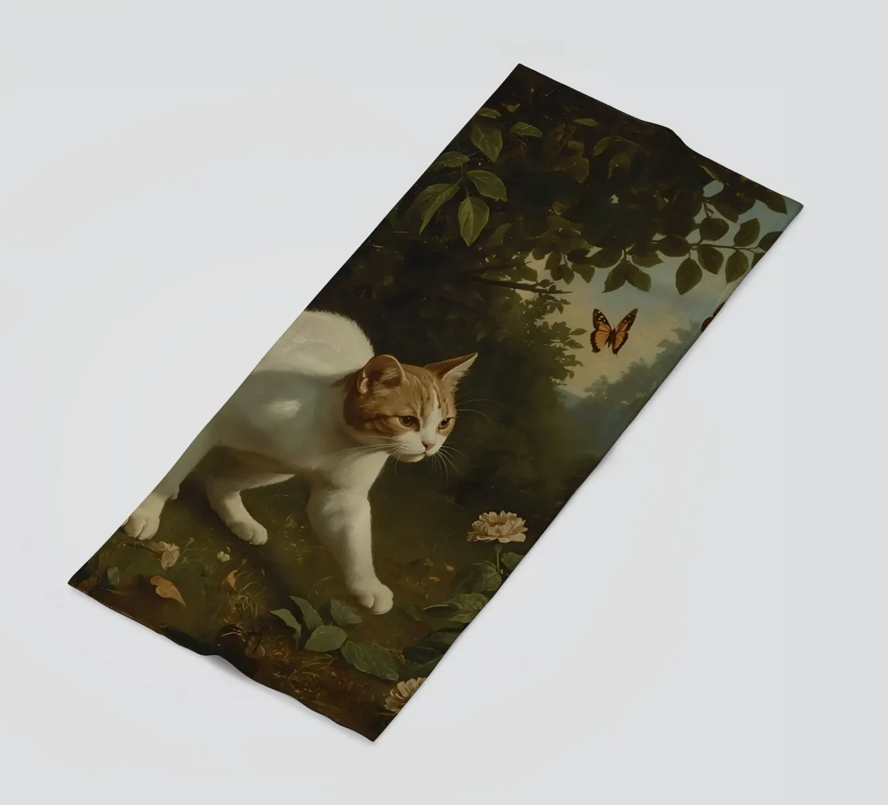 Curious cat exploring a garden while chasing butterflies beach towel by DesignDoodle