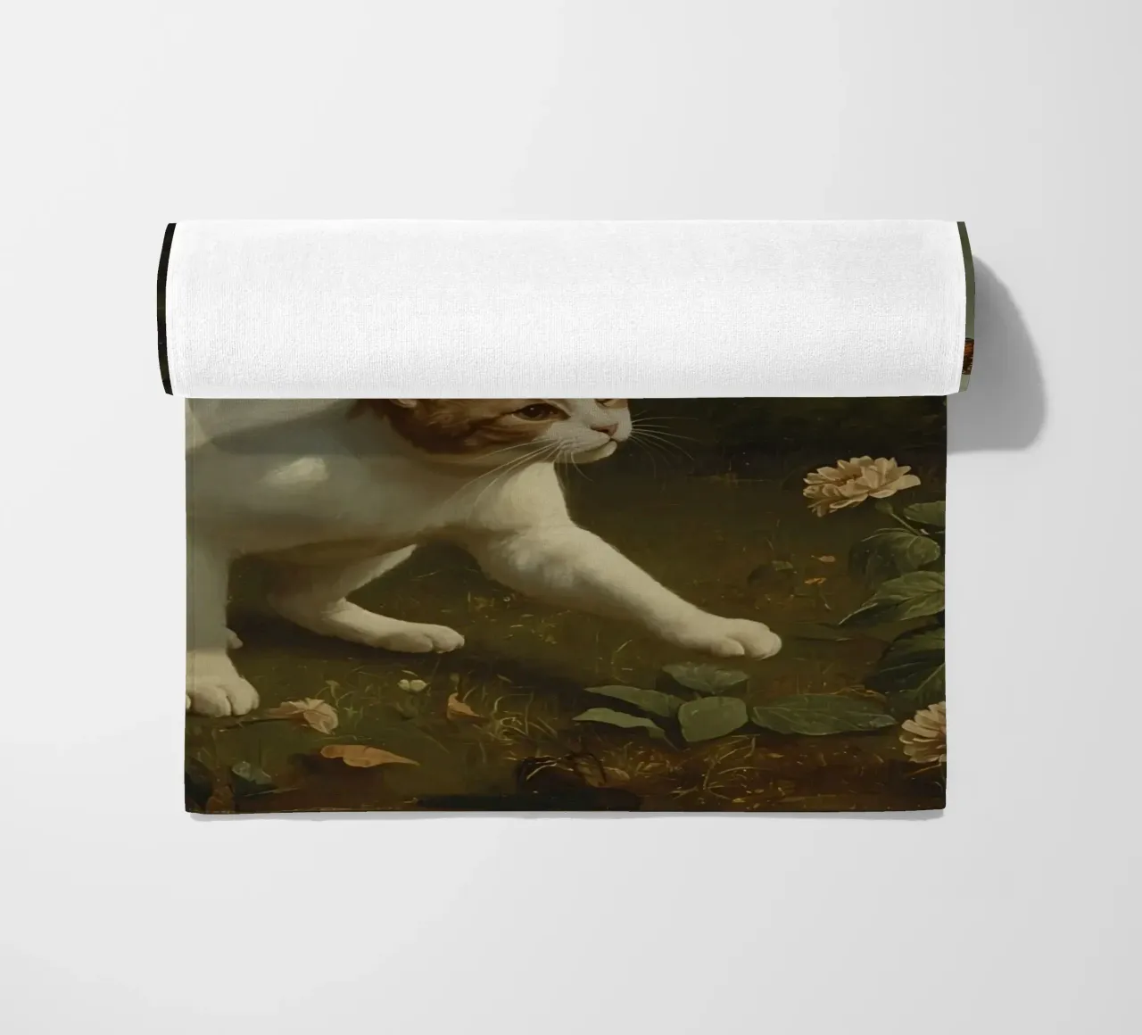 Curious cat exploring a garden while chasing butterflies beach towel by DesignDoodle