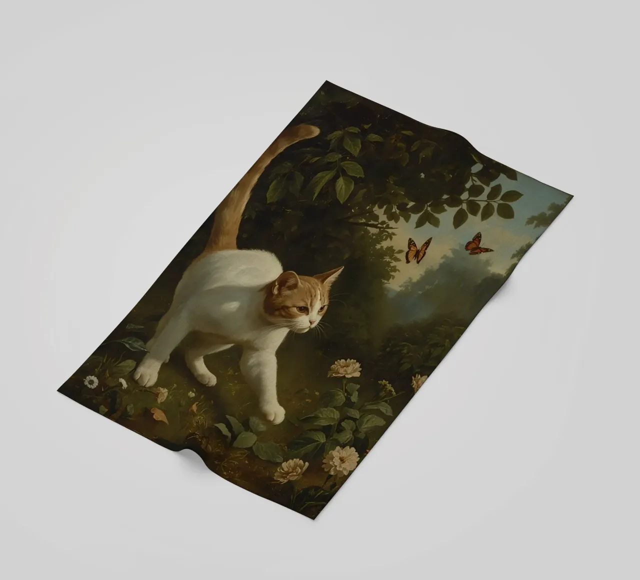 Curious cat exploring a garden while chasing butterflies beach towel by DesignDoodle