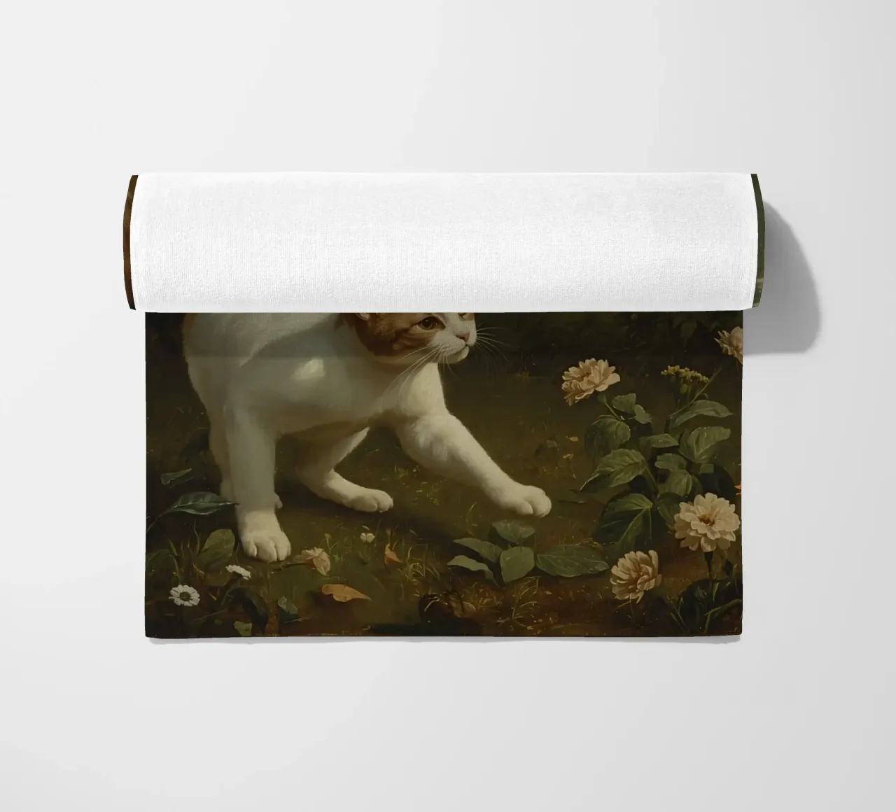 Curious cat exploring a garden while chasing butterflies beach towel by DesignDoodle