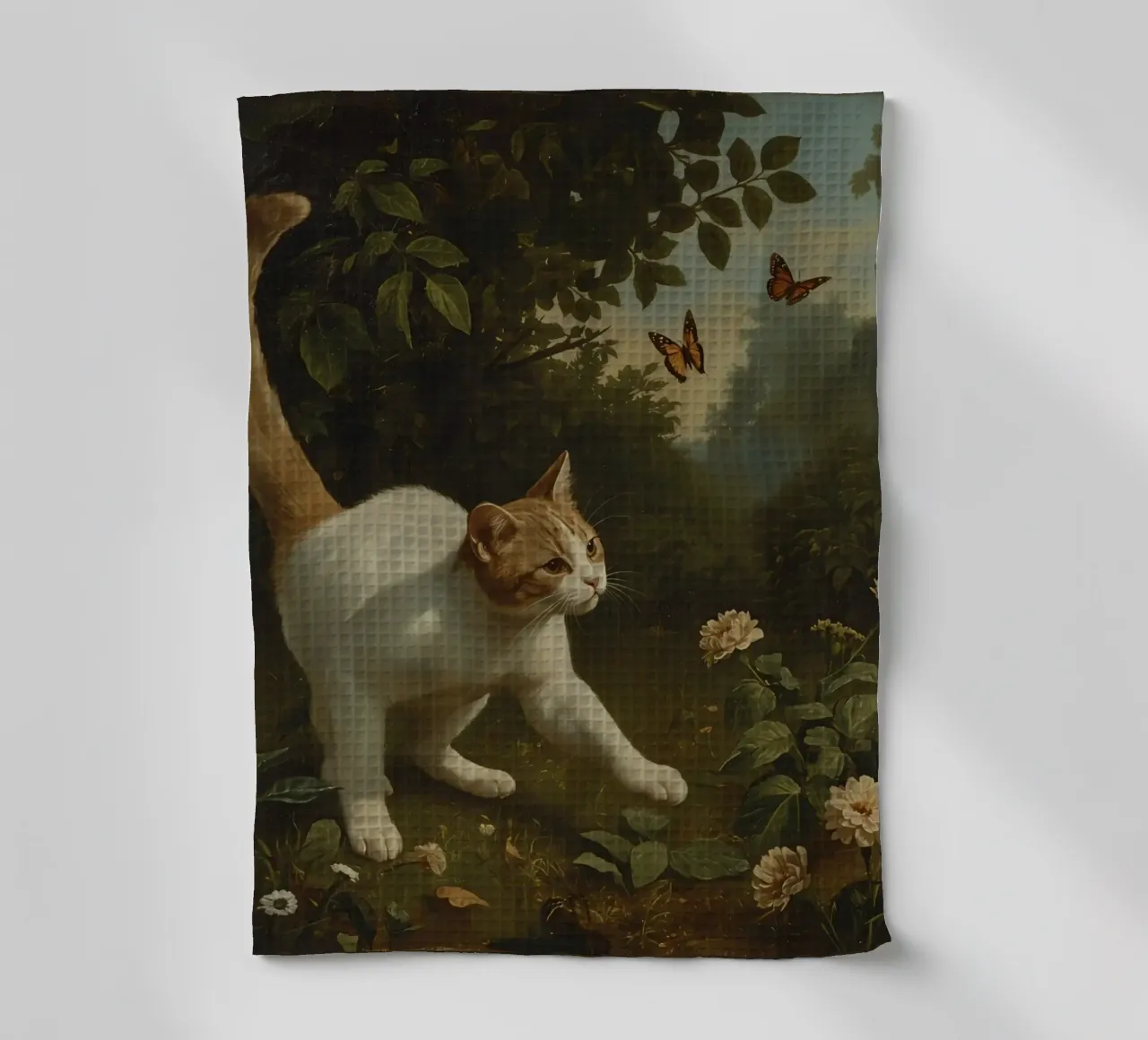 Curious cat exploring a garden while chasing butterflies tea towel by DesignDoodle