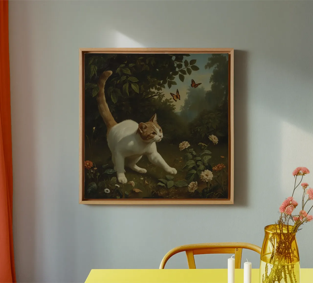 Curious cat exploring a garden while chasing butterflies canvas with Floater frame by DesignDoodle