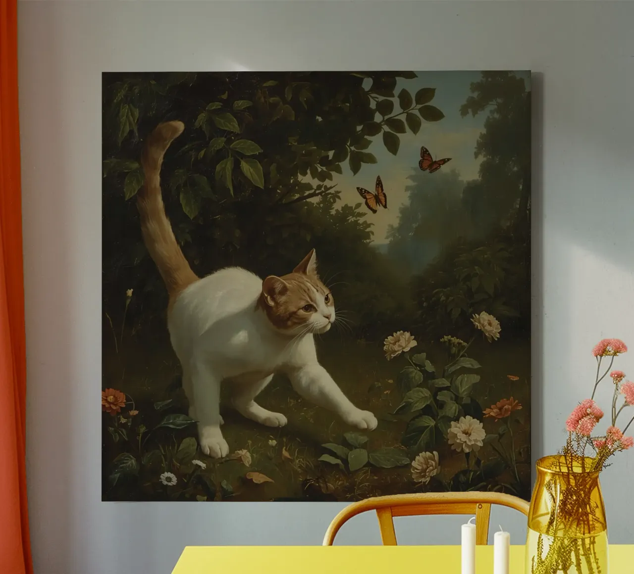 Curious cat exploring a garden while chasing butterflies canvas with Floater frame by DesignDoodle