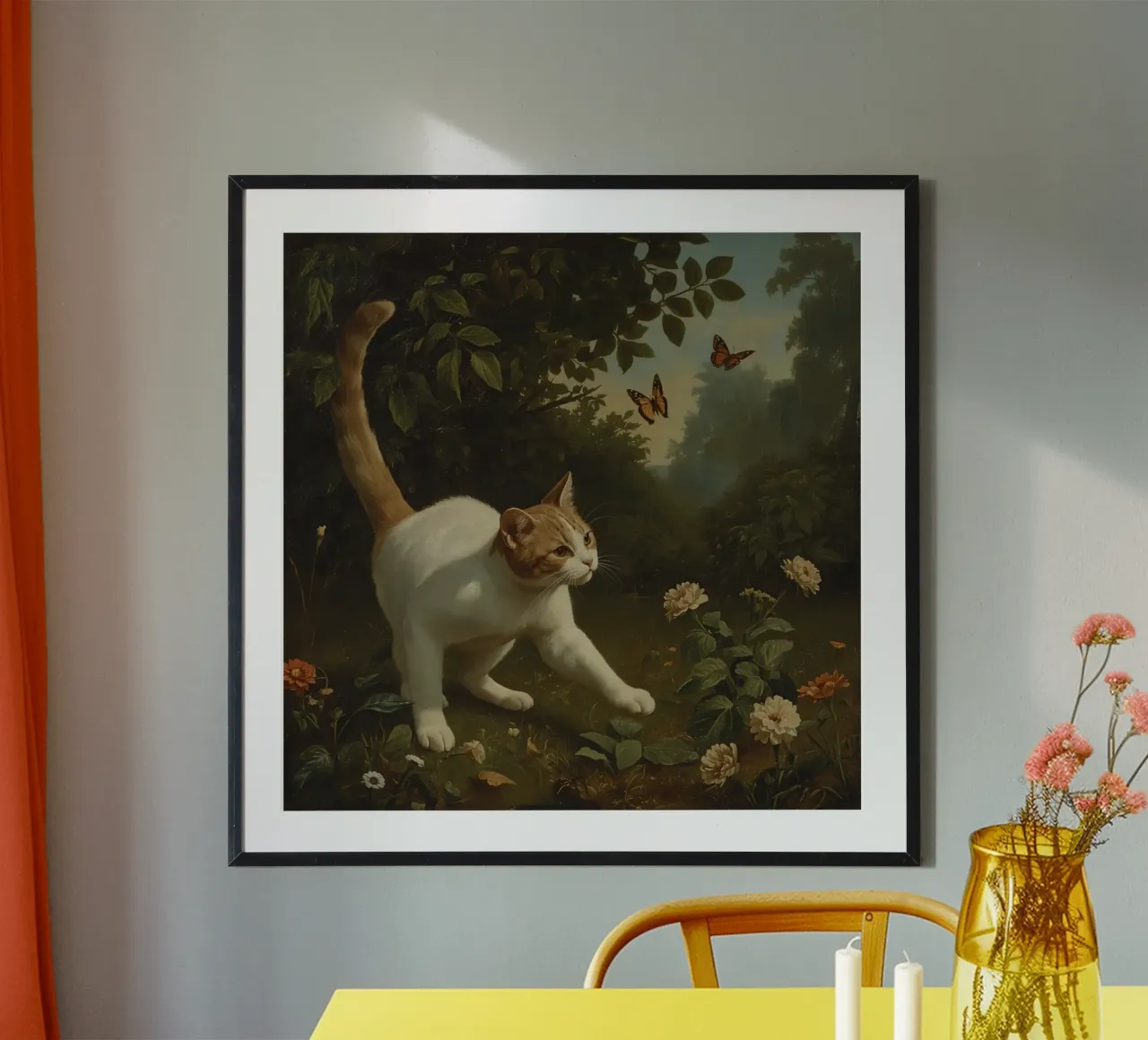 Curious cat exploring a garden while chasing butterflies poster with plastic frame by DesignDoodle