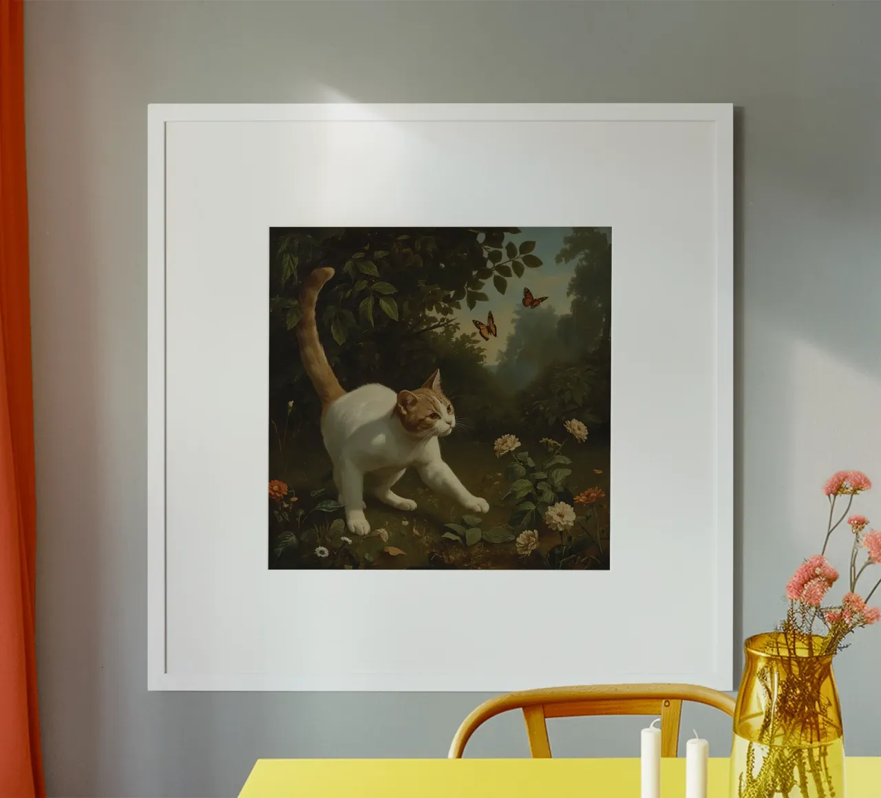 Curious cat exploring a garden while chasing butterflies poster with plastic frame by DesignDoodle