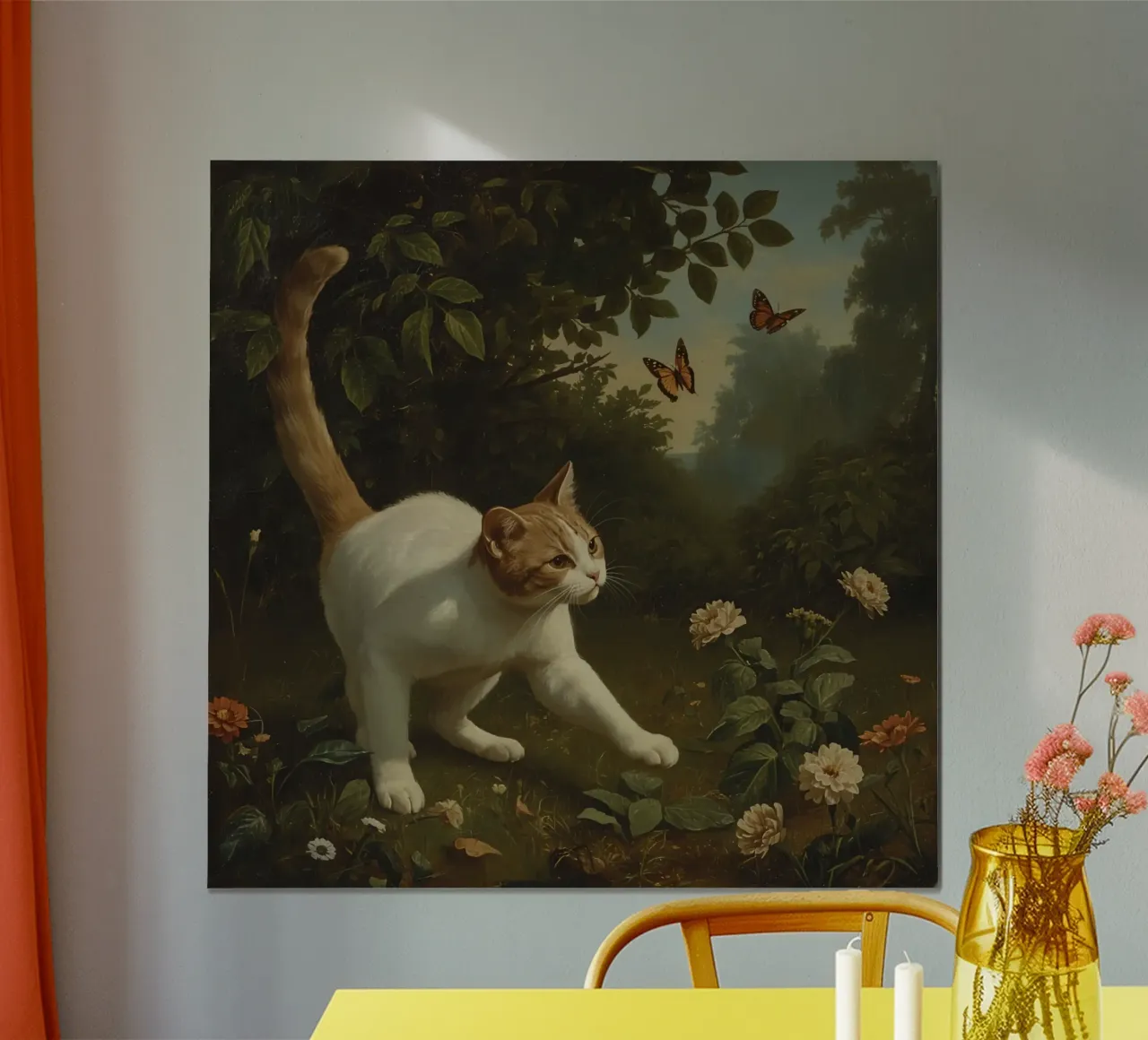 Curious cat exploring a garden while chasing butterflies poster with plastic frame by DesignDoodle