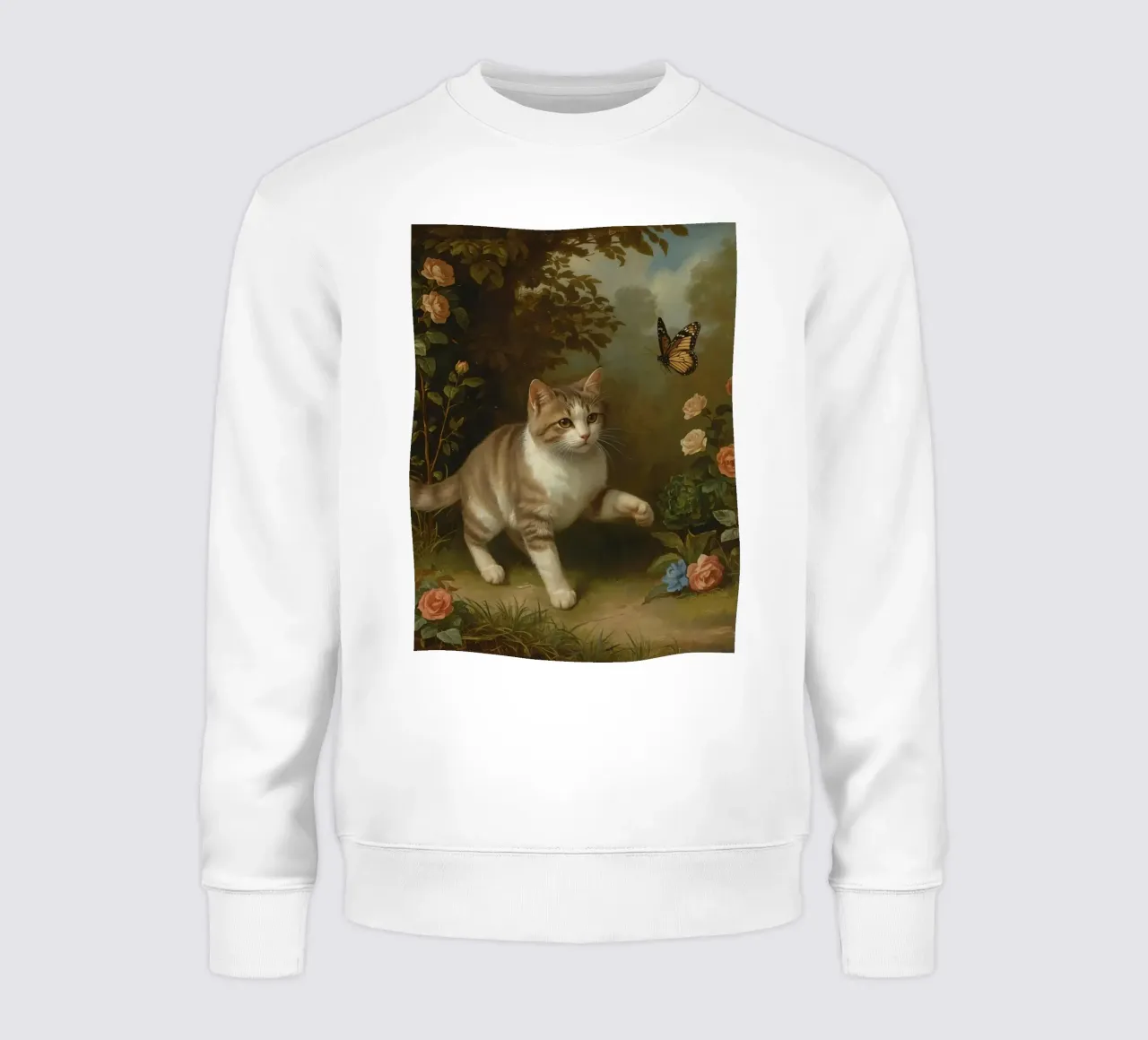 Cat strolling through garden while playing with a butterfly sweatshirt by DesignDoodle