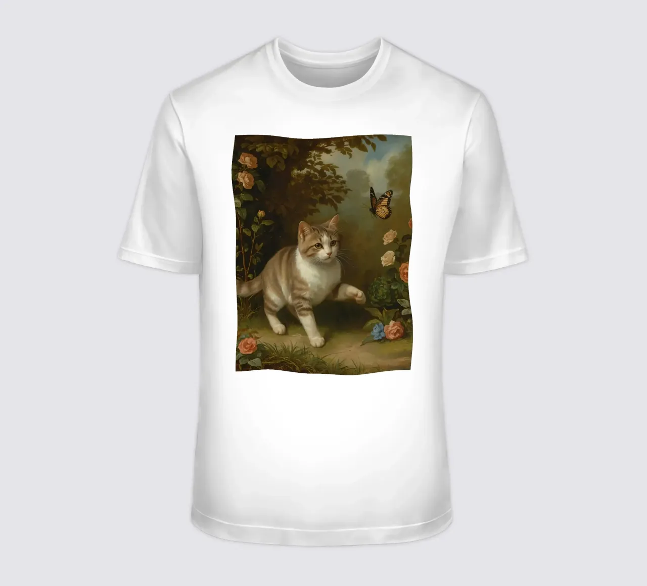 Cat strolling through garden while playing with a butterfly t-shirt by DesignDoodle