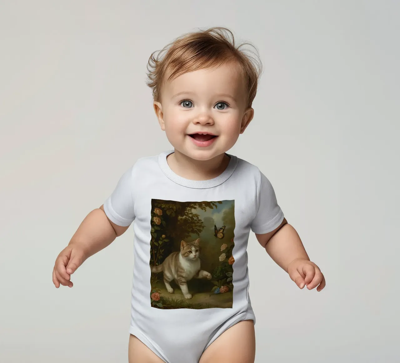 Cat strolling through garden while playing with a butterfly short-sleeve baby romper by DesignDoodle