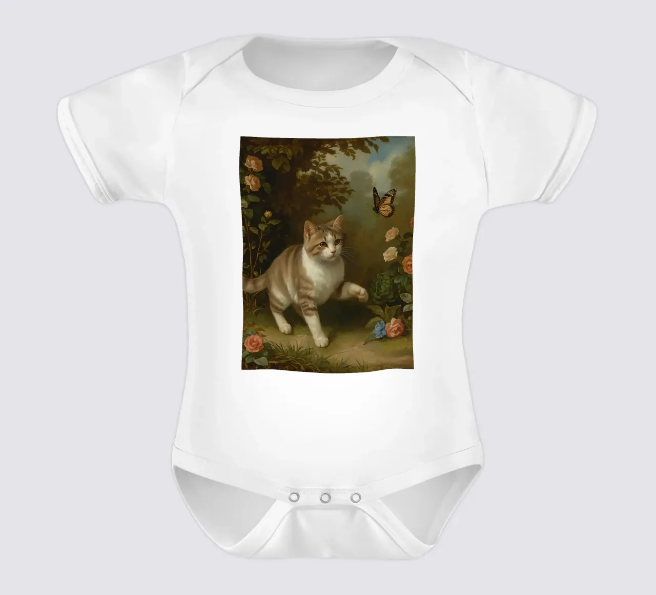 Cat strolling through garden while playing with a butterfly short-sleeve baby romper by DesignDoodle