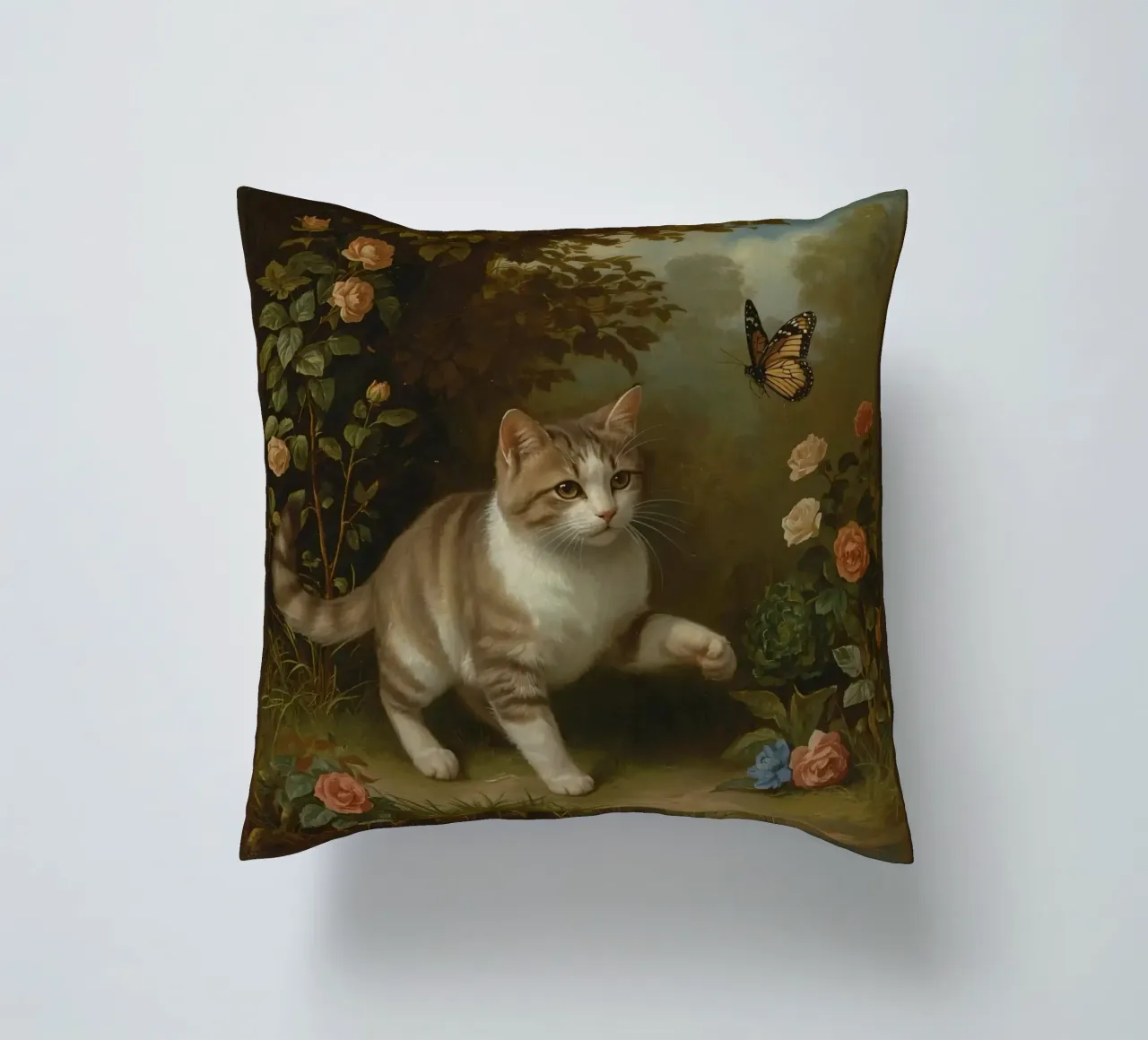 Gatto che passeggia in giardino mentre gioca con una farfalla cuscino da DesignDoodle