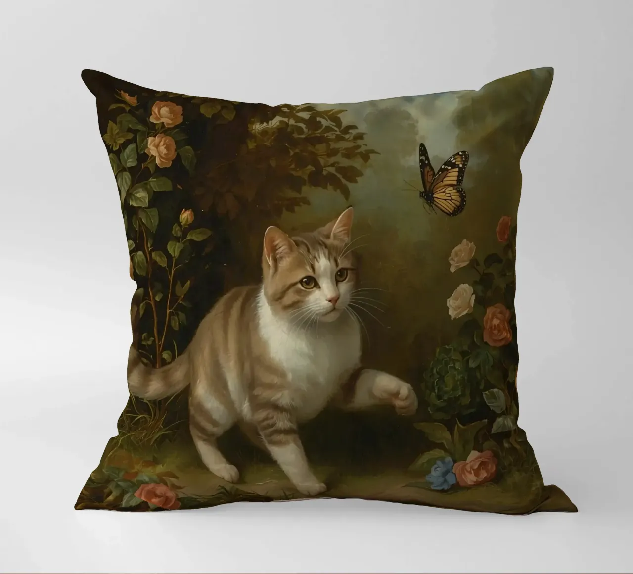 Gatto che passeggia in giardino mentre gioca con una farfalla cuscino da DesignDoodle