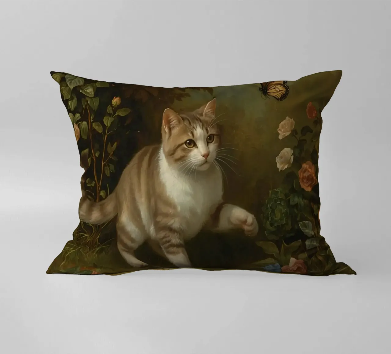Gatto che passeggia in giardino mentre gioca con una farfalla cuscino da DesignDoodle