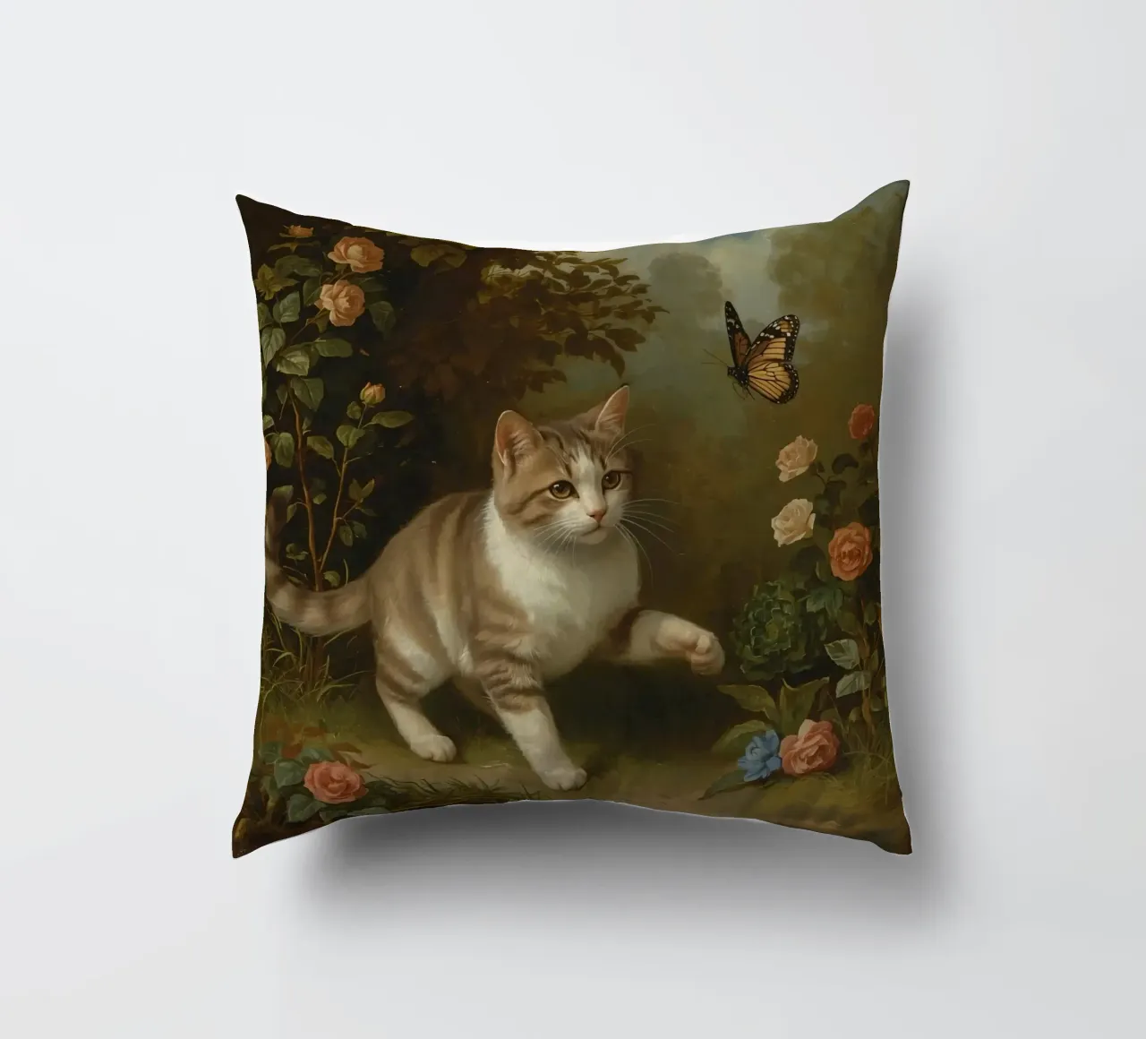Gatto che passeggia in giardino mentre gioca con una farfalla cuscino da DesignDoodle