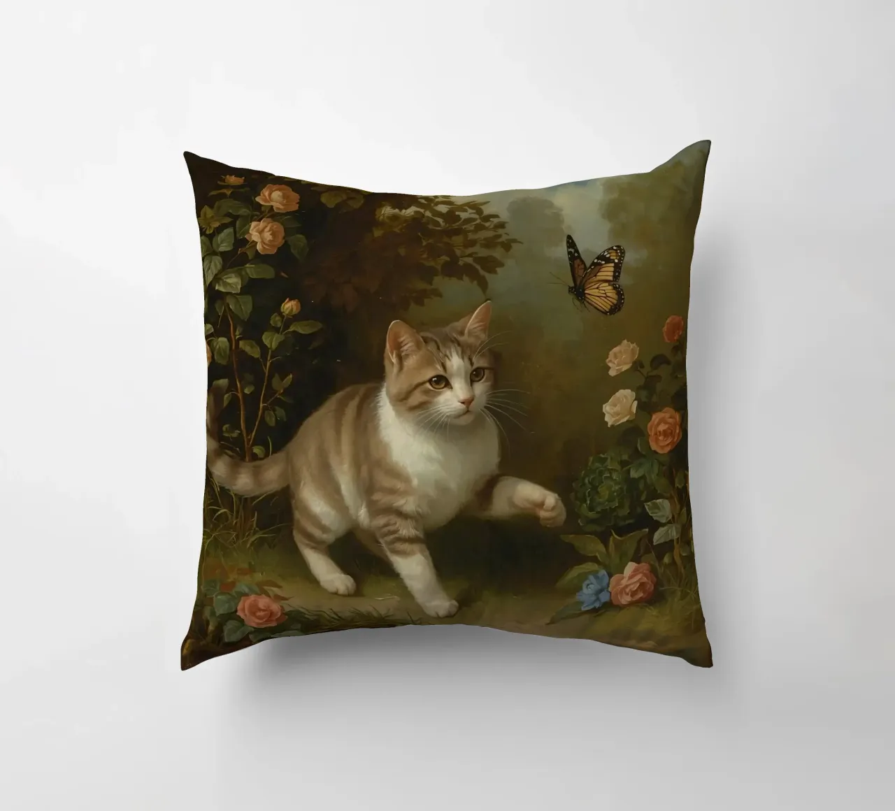 Gatto che passeggia in giardino mentre gioca con una farfalla cuscino da DesignDoodle