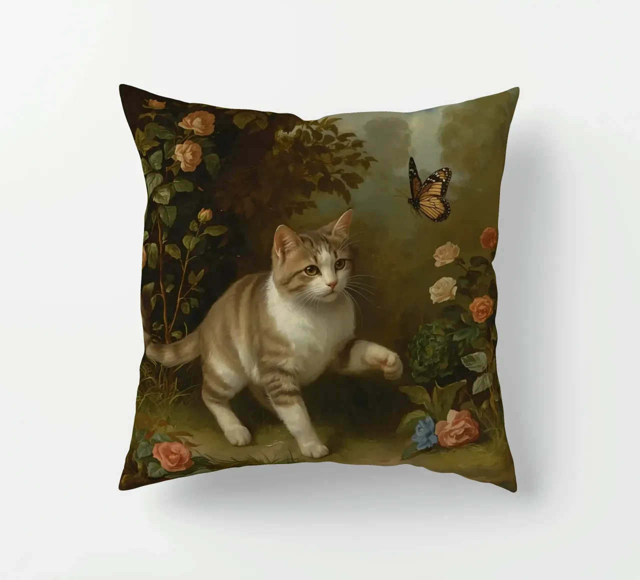 Gatto che passeggia in giardino mentre gioca con una farfalla cuscino da DesignDoodle