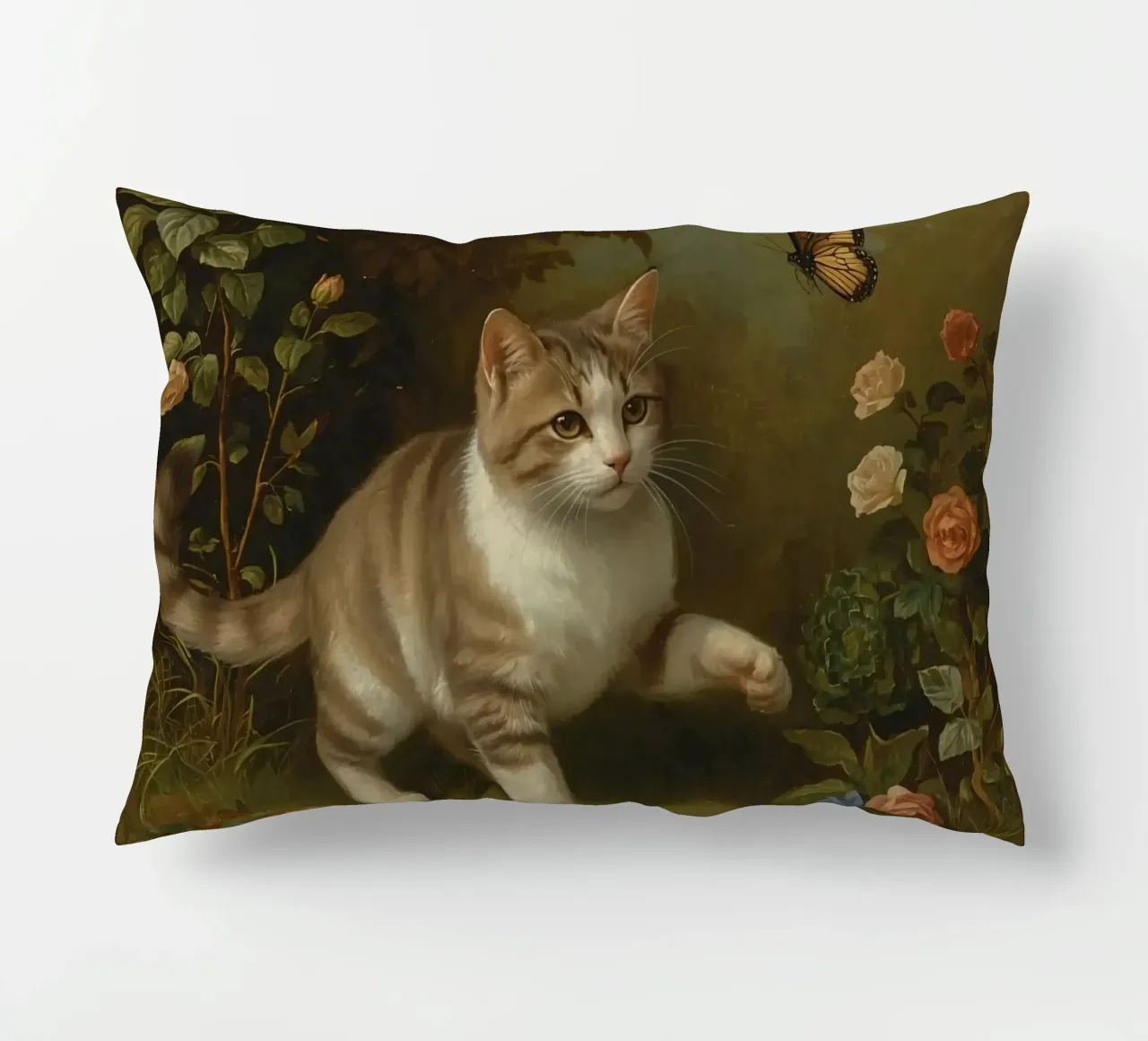 Gatto che passeggia in giardino mentre gioca con una farfalla cuscino da DesignDoodle