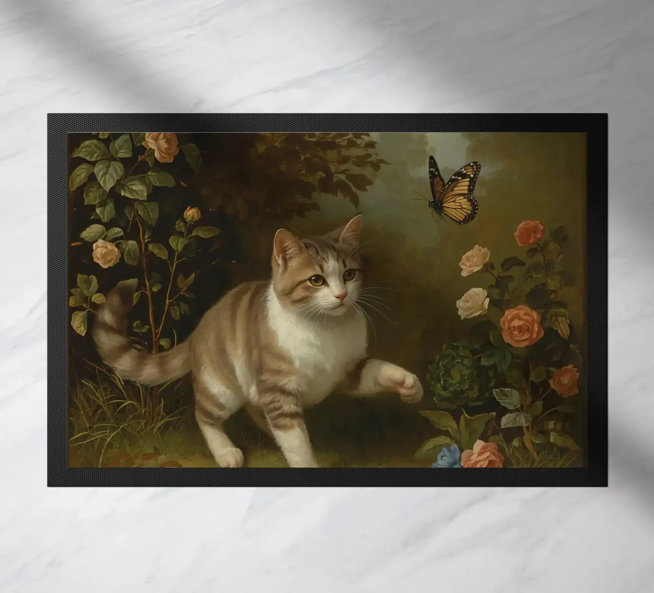 Cat strolling through garden while playing with a butterfly doormat by DesignDoodle