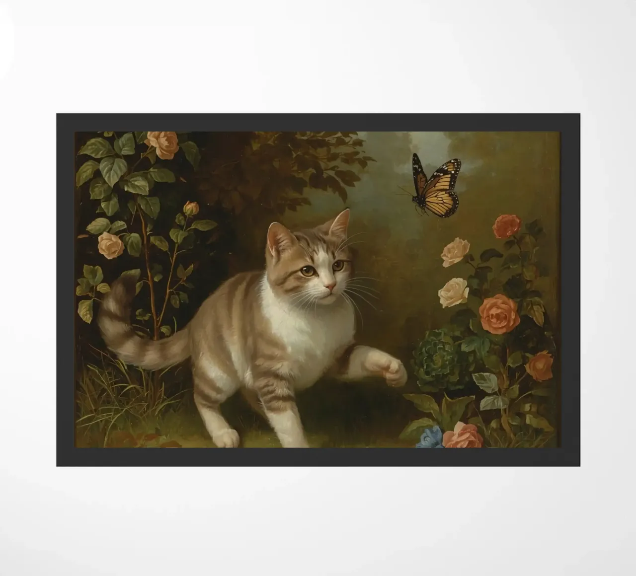 Cat strolling through garden while playing with a butterfly doormat by DesignDoodle