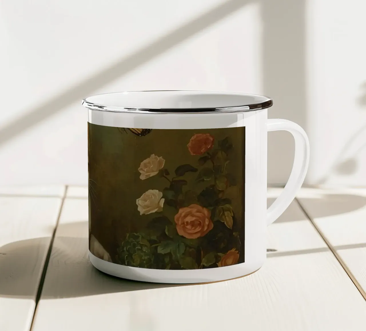 Cat strolling through garden while playing with a butterfly enamel mug by DesignDoodle