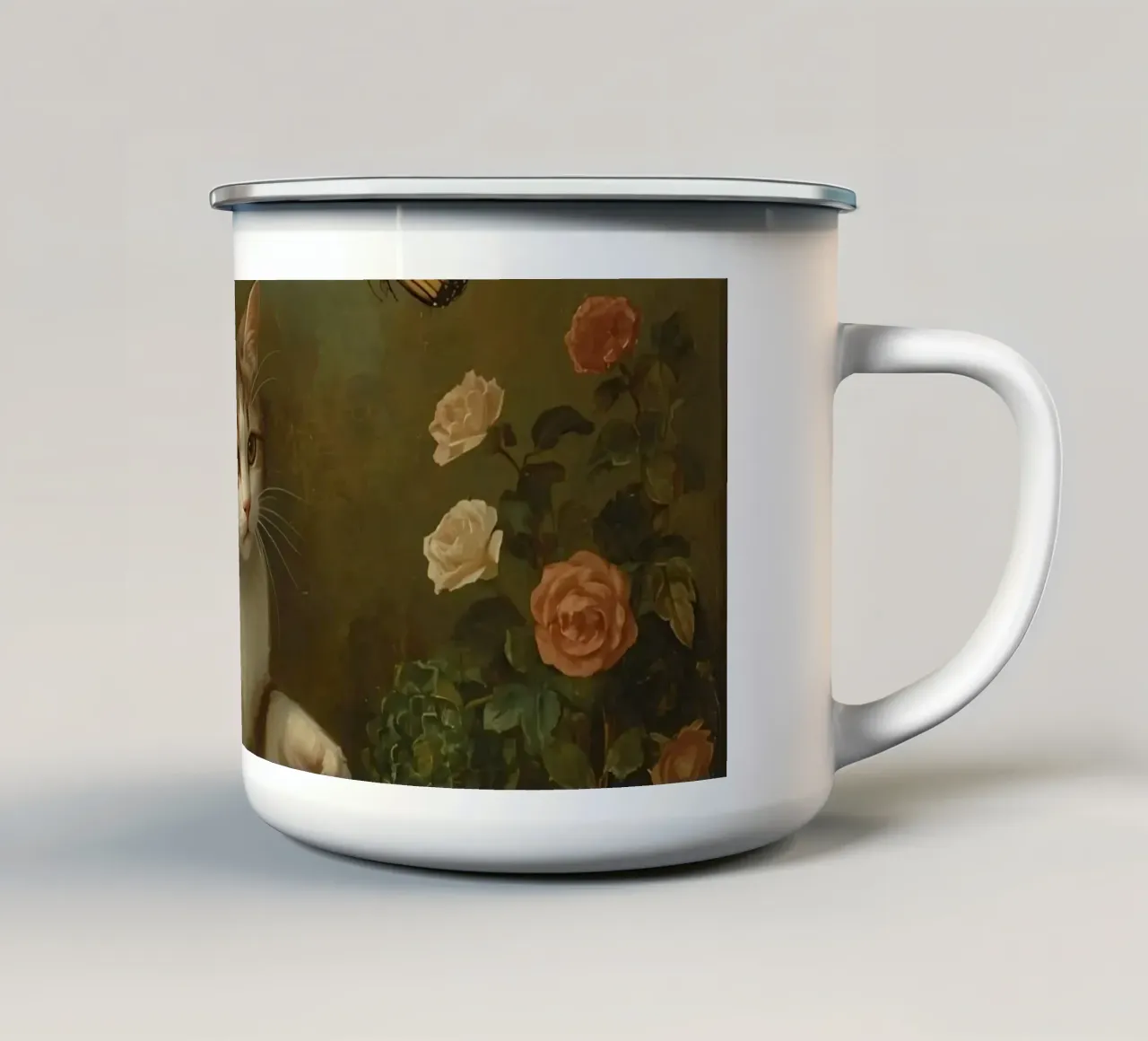 Cat strolling through garden while playing with a butterfly enamel mug by DesignDoodle