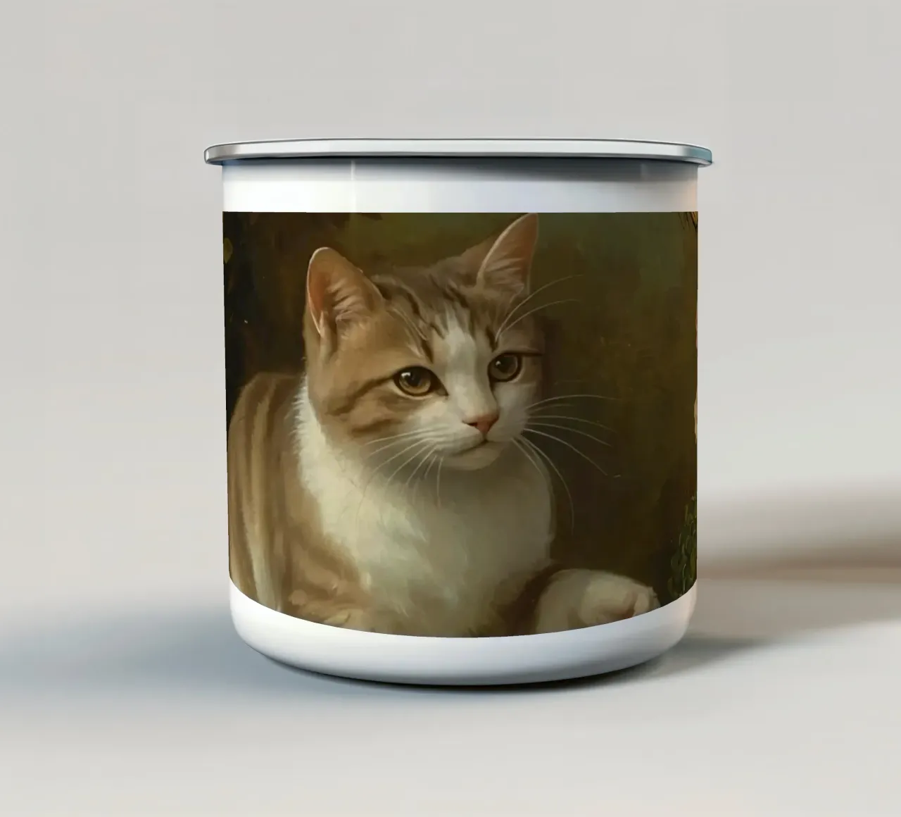 Cat strolling through garden while playing with a butterfly enamel mug by DesignDoodle