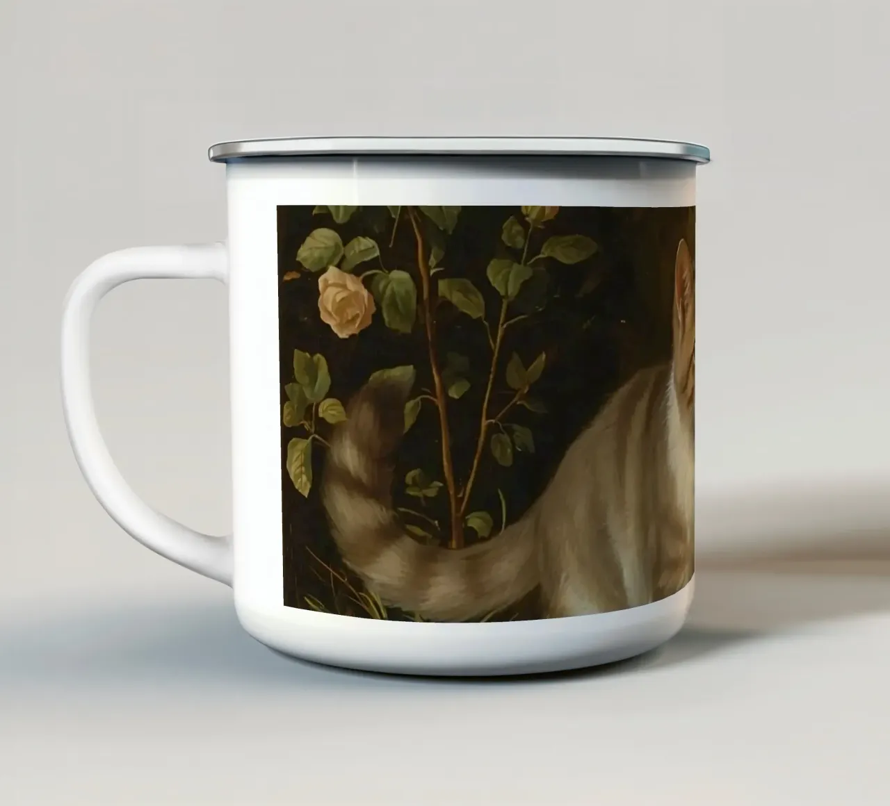 Cat strolling through garden while playing with a butterfly enamel mug by DesignDoodle