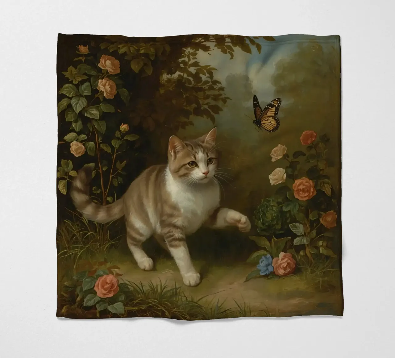 Cat strolling through garden while playing with a butterfly fleece blanket by DesignDoodle