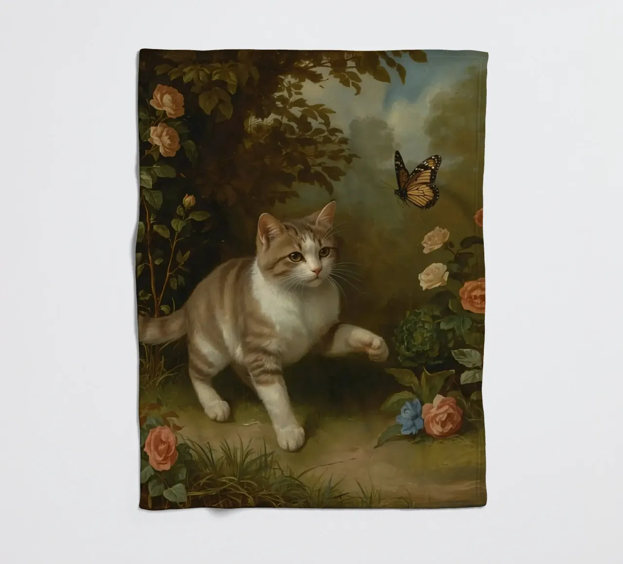 Cat strolling through garden while playing with a butterfly fleece blanket by DesignDoodle