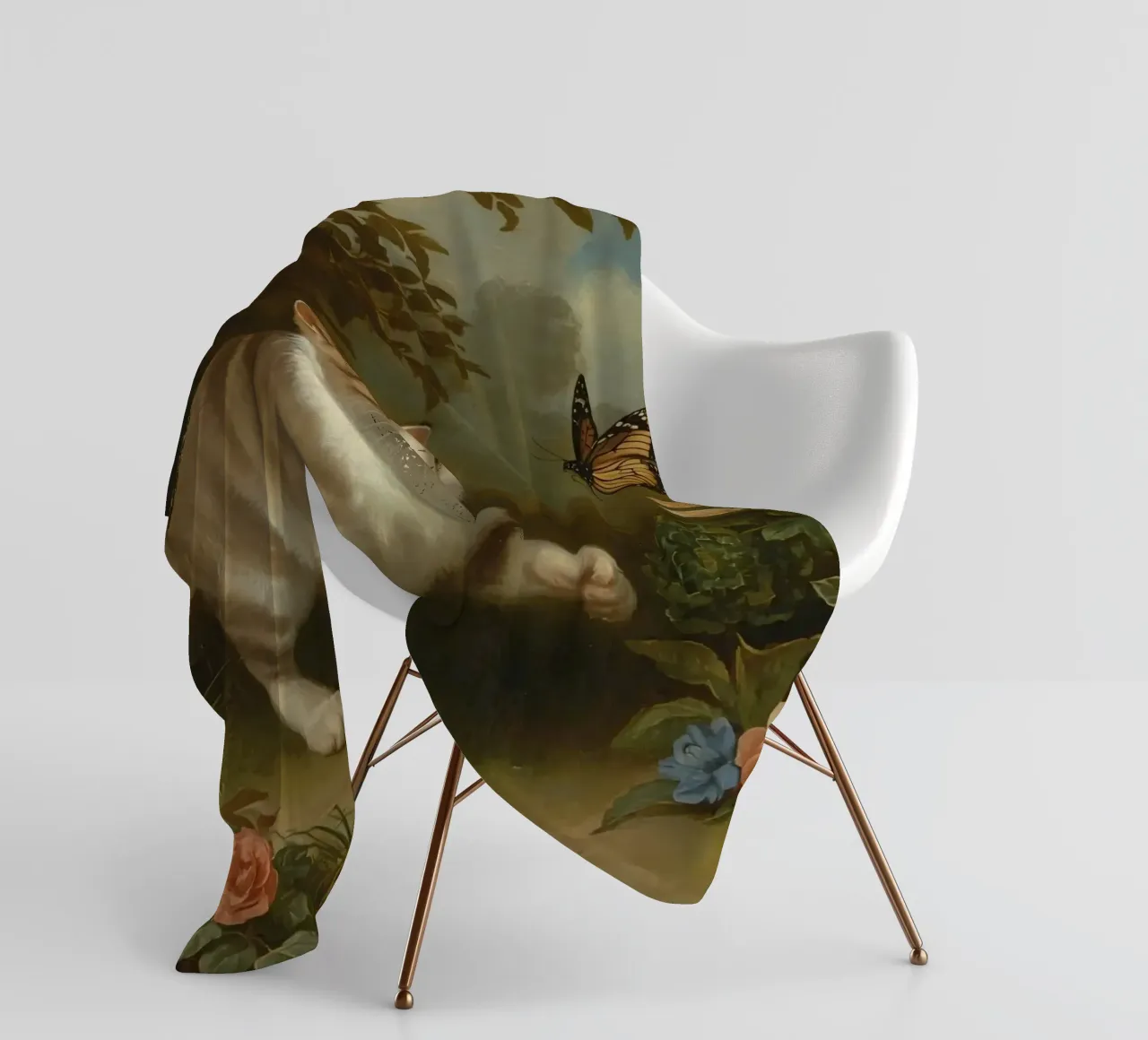 Cat strolling through garden while playing with a butterfly fleece blanket by DesignDoodle