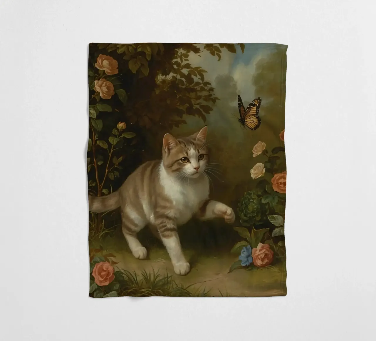 Cat strolling through garden while playing with a butterfly fleece blanket by DesignDoodle