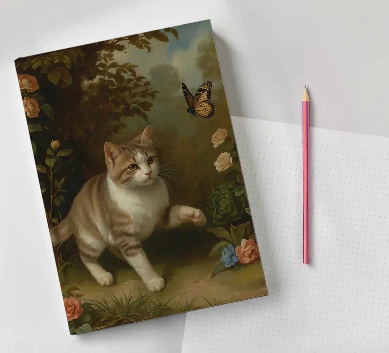 Cat strolling through garden while playing with a butterfly notebook by DesignDoodle