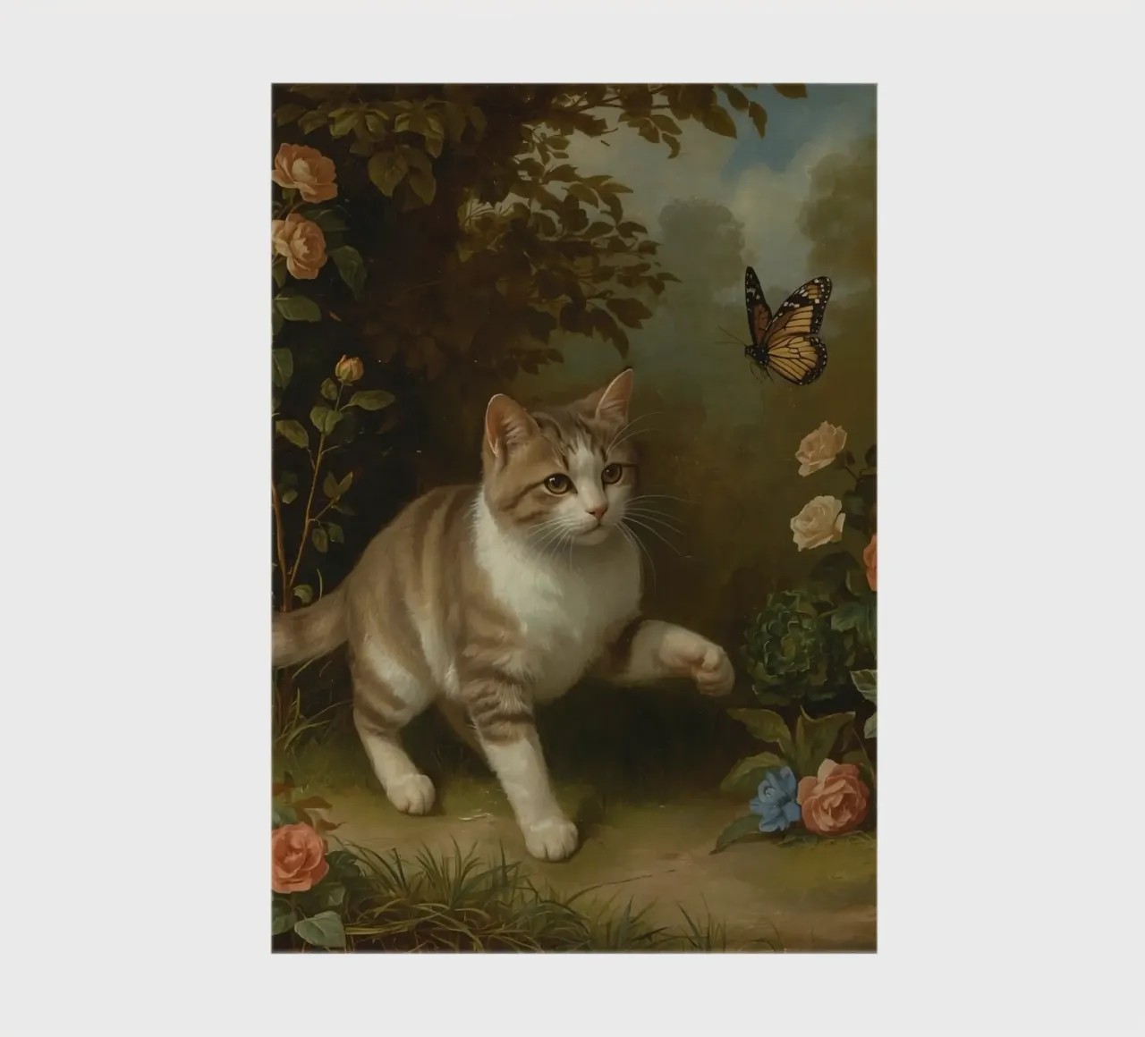 Cat strolling through garden while playing with a butterfly notebook by DesignDoodle