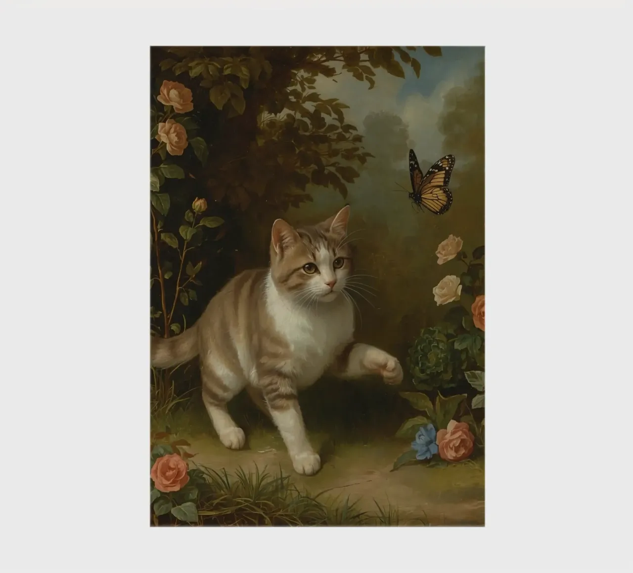 Cat strolling through garden while playing with a butterfly notebook by DesignDoodle