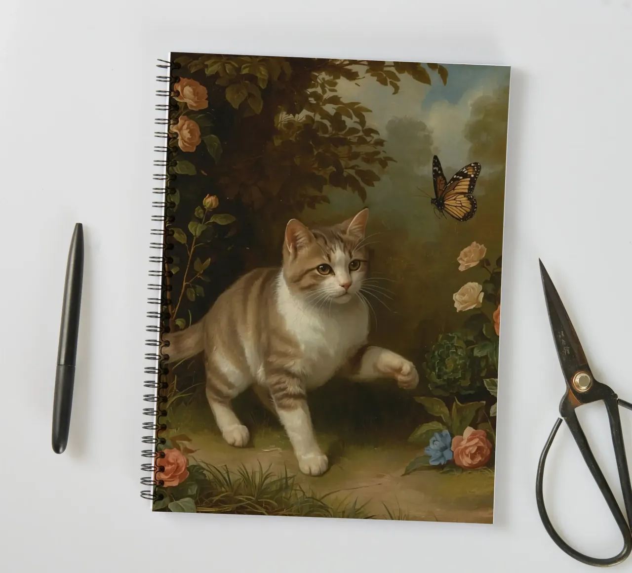 Cat strolling through garden while playing with a butterfly spiral notebook by DesignDoodle