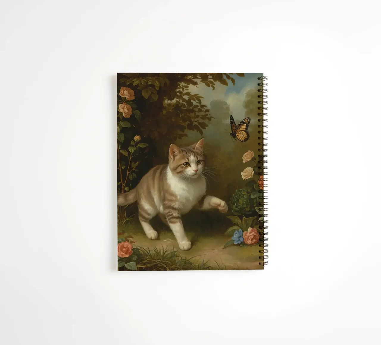 Cat strolling through garden while playing with a butterfly spiral notebook by DesignDoodle