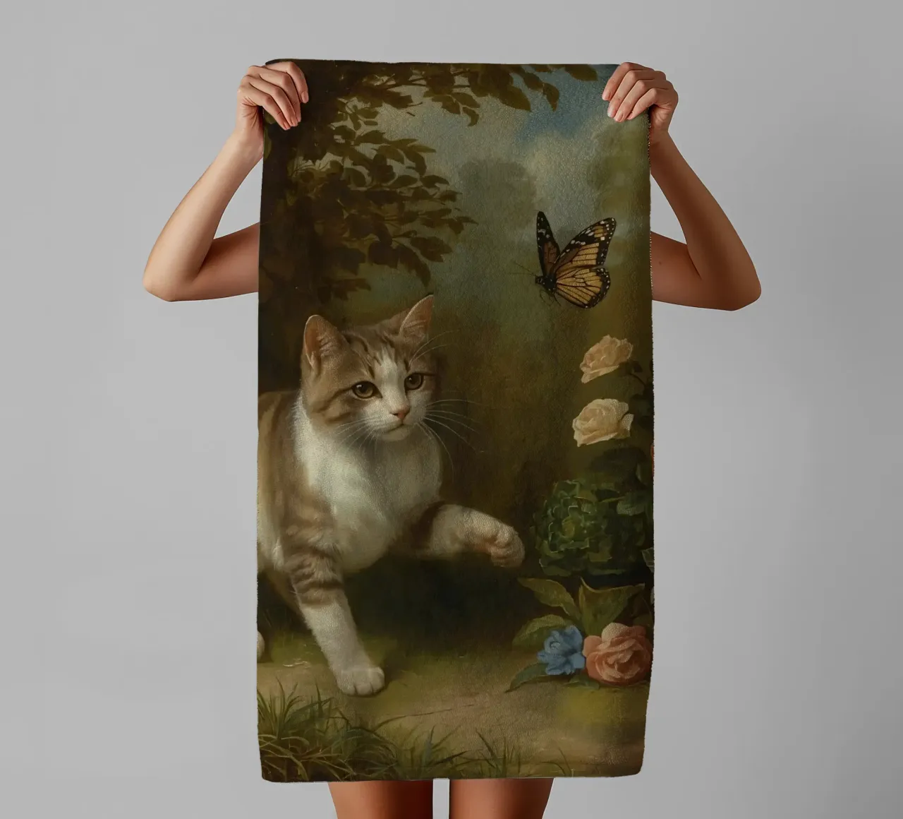 Cat strolling through garden while playing with a butterfly towel by DesignDoodle