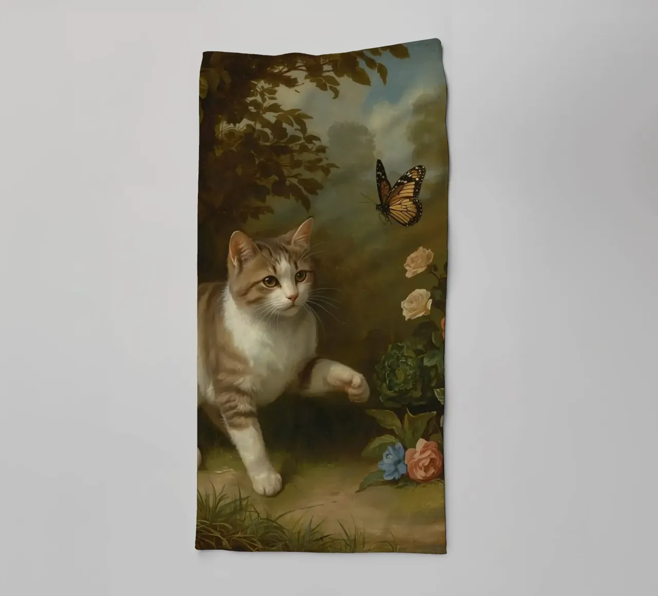 Cat strolling through garden while playing with a butterfly towel by DesignDoodle