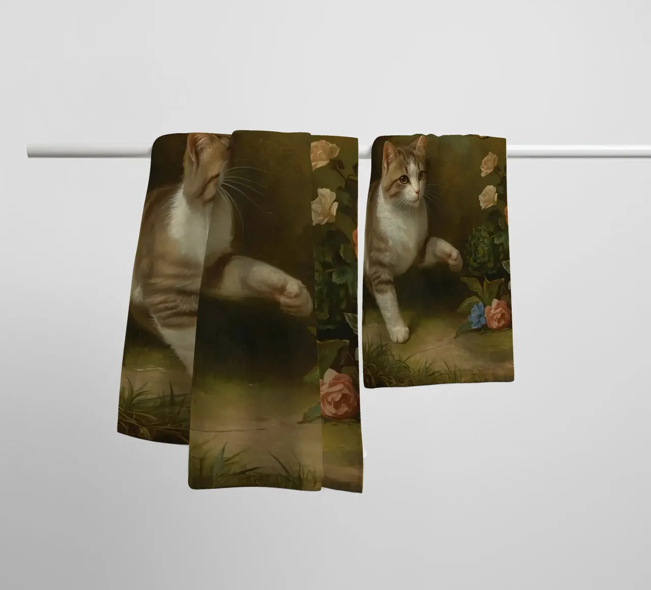 Cat strolling through garden while playing with a butterfly towel by DesignDoodle